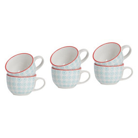 Nicola Spring - Hand-Printed Cappuccino Cups - 250ml - Turquoise - Pack of 6