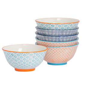 Nicola Spring - Hand-Printed Cereal Bowls - 16cm - 3 Colours - Pack of 6