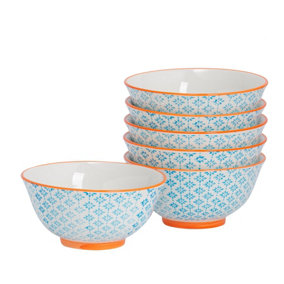 Nicola Spring - Hand-Printed Cereal Bowls - 16cm - Blue - Pack of 6