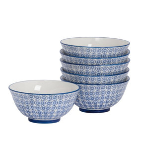 Nicola Spring - Hand-Printed Cereal Bowls - 16cm - Navy - Pack of 6