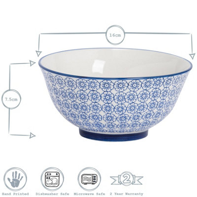 Nicola Spring - Hand-Printed Cereal Bowls - 16cm - Navy - Pack of 6
