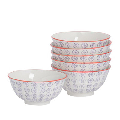 Nicola Spring - Hand-Printed Cereal Bowls - 16cm - Purple - Pack of 6