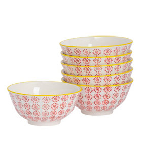 Nicola Spring - Hand-Printed Cereal Bowls - 16cm - Red - Pack of 6