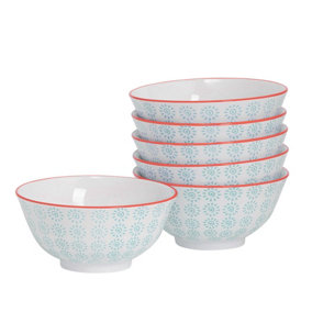 Nicola Spring - Hand-Printed Cereal Bowls - 16cm - Turquoise - Pack of 6