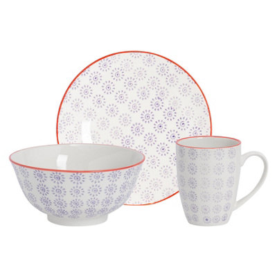 Nicola Spring - Hand-Printed Crockery Set - Purple - 18pc