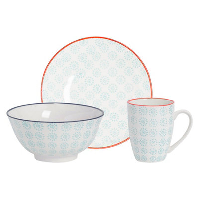 Nicola Spring - Hand-Printed Crockery Set - Turquoise - 18pc