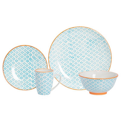 Nicola Spring - Hand-Printed Dinner Set - Blue - 24pc