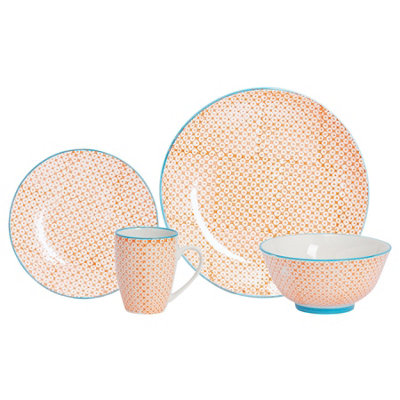 Nicola Spring - Hand-Printed Dinner Set - Orange - 24pc