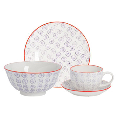 Nicola Spring - Hand-Printed Dinner Set - Purple - 24pc