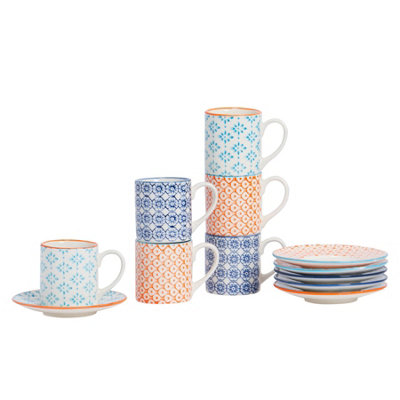 Nicola Spring - Hand-Printed Espresso Cup & Saucer Set - 65ml - 3 Colours - 12pc