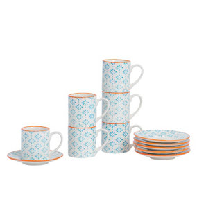 Nicola Spring - Hand-Printed Espresso Cup & Saucer Set - 65ml - Blue - 12pc