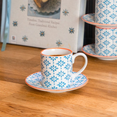 Nicola Spring Hand-Printed Espresso Cup & Saucer Set - 65ml - Blue