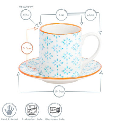 Nicola Spring Hand-Printed Espresso Cup & Saucer Set - 65ml - Blue