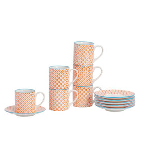 Nicola Spring - Hand-Printed Espresso Cup & Saucer Set - 65ml - Orange - 12pc
