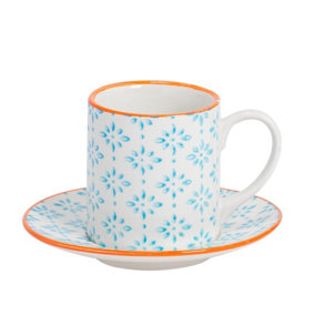 Nicola Spring Hand-Printed Espresso Cup & Saucer Set - Japanese Style Porcelain Tea Coffee Crockery Cups - 65ml - Blue