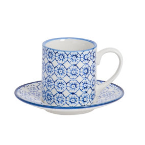 Nicola Spring Hand-Printed Espresso Cup & Saucer Set - Japanese Style Porcelain Tea Coffee Crockery Cups - 65ml - Navy