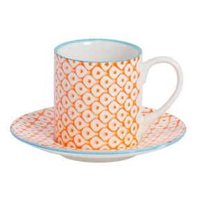 Nicola Spring Hand-Printed Espresso Cup & Saucer Set - Japanese Style Porcelain Tea Coffee Crockery Cups - 65ml - Orange