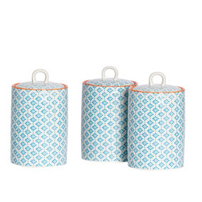 Nicola Spring - Hand-Printed Kitchen Canisters - 1 Litre - Blue - Pack of 3