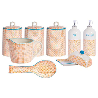 Nicola Spring - Hand-Printed Kitchen Essentials Set - Orange - 8pc