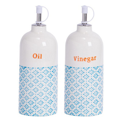 Nicola Spring - Hand-Printed Oil & Vinegar Pourer Bottles Set - 500ml - Blue - 2pc