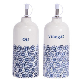 Nicola Spring - Hand-Printed Oil & Vinegar Pourer Bottles Set - 500ml - Navy - 2pc