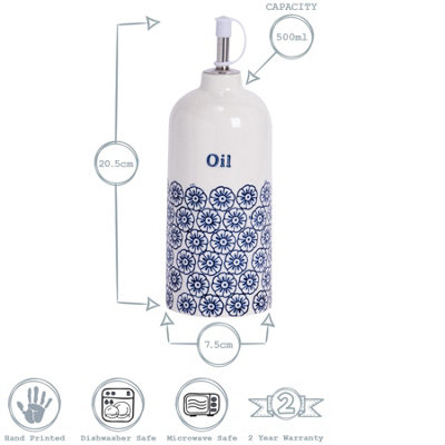 Nicola Spring - Hand-Printed Olive Oil Pourer Bottle - 500ml - Navy - 3