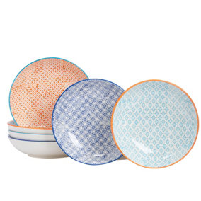 Nicola Spring - Hand-Printed Pasta Bowls - 22cm - 3 Colours - Pack of 6