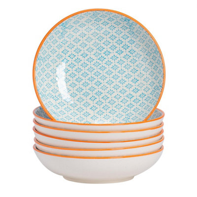 Nicola Spring - Hand-Printed Pasta Bowls - 22cm - Blue - Pack of 6