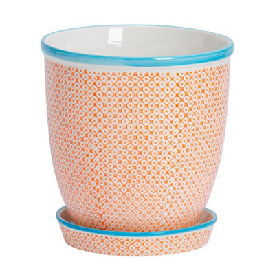 Nicola Spring - Hand-Printed Plant Pot with Saucer - 20.5cm - Orange