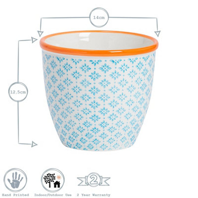 Nicola Spring - Hand-Printed Plant Pots - 14cm - Blue - Pack of 6