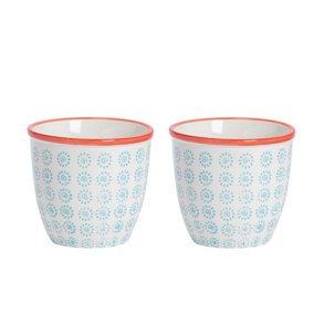 Nicola Spring - Hand-Printed Plant Pots - 14cm - Turquoise - Pack of 2