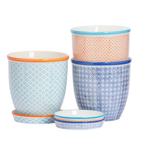 Nicola Spring - Hand-Printed Plant Pots with Saucers - 20.5cm - 3 Colours - Pack of 3