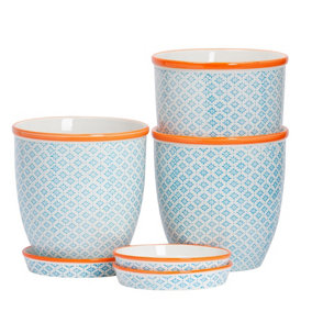 Nicola Spring - Hand-Printed Plant Pots with Saucers - 20.5cm - Blue - Pack of 3