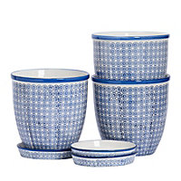 Nicola Spring - Hand-Printed Plant Pots with Saucers - 20.5cm - Navy - Pack of 3