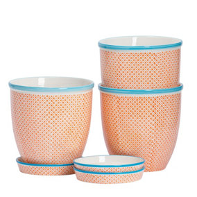 Nicola Spring - Hand-Printed Plant Pots with Saucers - 20.5cm - Orange - Pack of 3