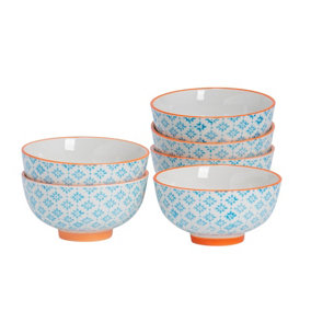 Nicola Spring - Hand-Printed Rice Bowls - 12cm - Blue - Pack of 6