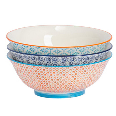 Nicola Spring - Hand-Printed Serving Bowls - 21.5cm - 3 Colours - Pack of 3