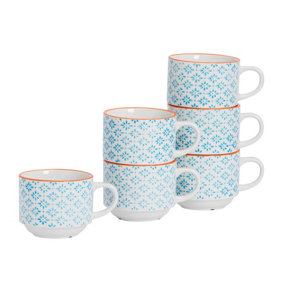 Nicola Spring - Hand-Printed Stacking Teacups - 260ml - Blue - Pack of 6