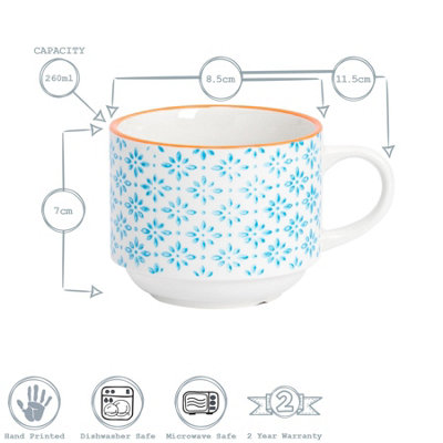 Nicola Spring - Hand-Printed Stacking Teacups - 260ml - Blue - Pack of 6