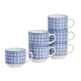 Nicola Spring - Hand-Printed Stacking Teacups - 260ml - Navy - Pack of 6