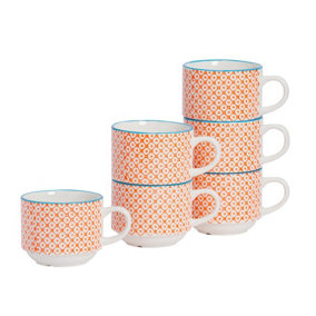 Nicola Spring - Hand-Printed Stacking Teacups - 260ml - Orange - Pack of 6