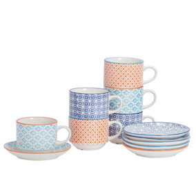 Nicola Spring - Hand-Printed Stacking Teacups & Saucers Set - 260ml - 3 Colours - 12pc