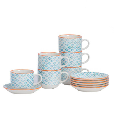 Nicola Spring - Hand-Printed Stacking Teacups & Saucers Set - 260ml - Blue - 12pc