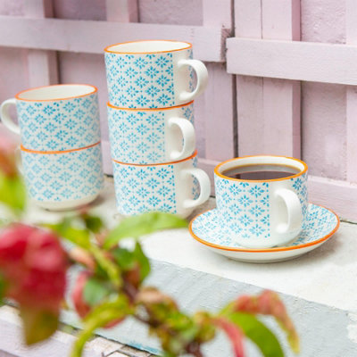 Nicola Spring - Hand-Printed Stacking Teacups & Saucers Set - 260ml - Blue - 12pc