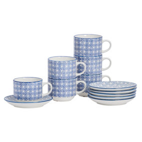 Nicola Spring - Hand-Printed Stacking Teacups & Saucers Set - 260ml - Navy - 12pc