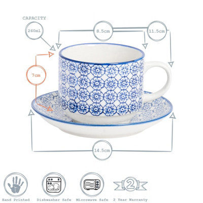 Nicola Spring - Hand-Printed Stacking Teacups & Saucers Set - 260ml - Navy - 12pc