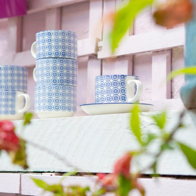 Nicola Spring - Hand-Printed Stacking Teacups & Saucers Set - 260ml - Navy - 12pc