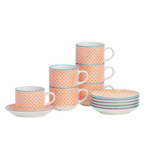 Nicola Spring - Hand-Printed Stacking Teacups & Saucers Set - 260ml - Orange - 12pc