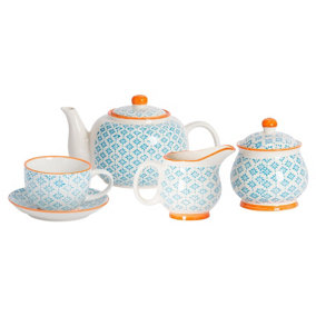 Nicola Spring - Hand-Printed Tea Set - Blue - 15pc
