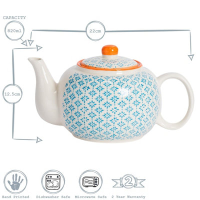 Nicola Spring - Hand-Printed Teapot - 820ml - Blue